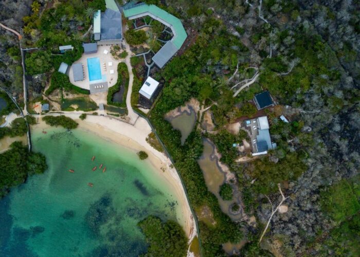Ecuador Galapagos Finch Bay aerial front