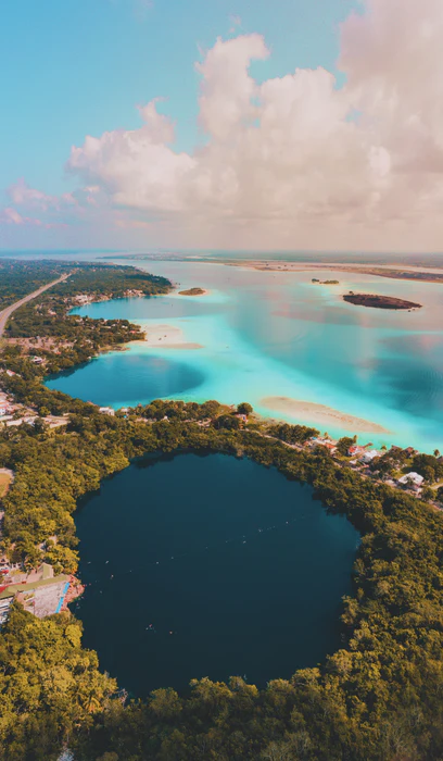 Mexico Bacalar lagoon of seven colors beautiful water aerial portrait