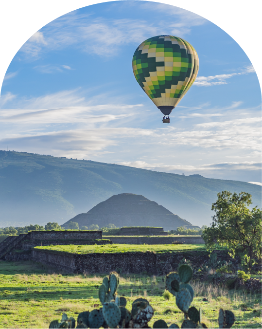 Mexico hot air balloon over Teotihuacan arch