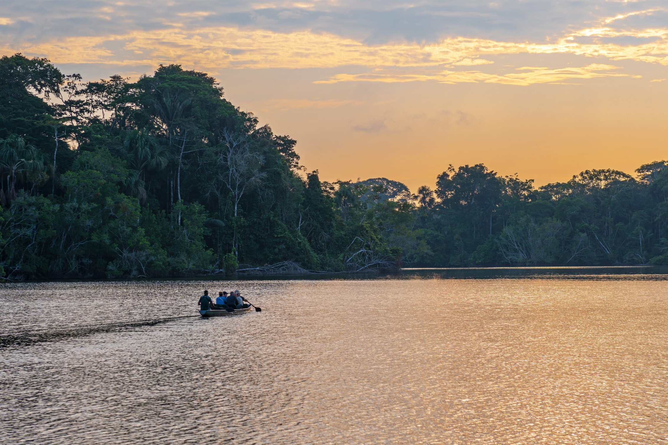 Canoe with tourists leaving at sunrise for an Amazon rainforest bird watching excursion, Yasuni national park, Ecuador.
